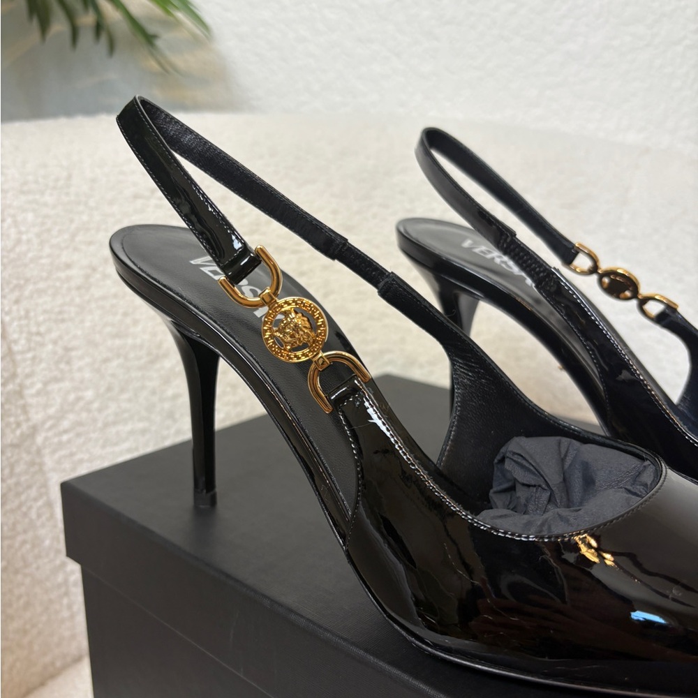 Sold-Versace Black Slingback Heels with Medusa 85mm 38 - Picture 3 of 7